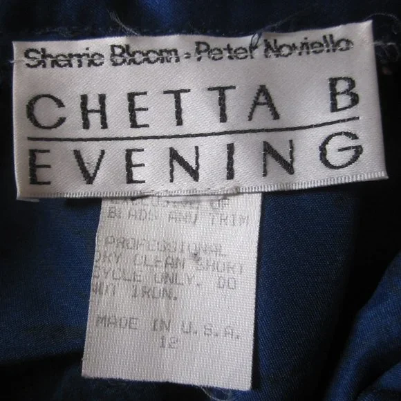 Chetta B Evening full length royal blue satin skirt w black beaded roses, sz 12